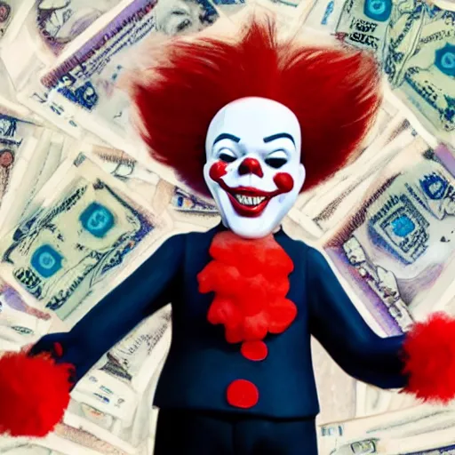 Image similar to Pennywise the clown wearing a business suit and holding a banknote in his hands, full body shot