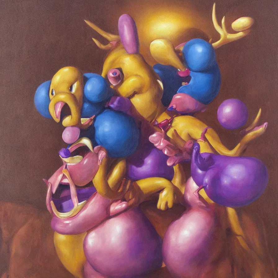 Prompt: rare hyper realistic portrait painting by british masters, studio lighting, brightly lit purple room, a blue rubber ducky with antlers laughing at a giant laughing rabbit with a clown mask