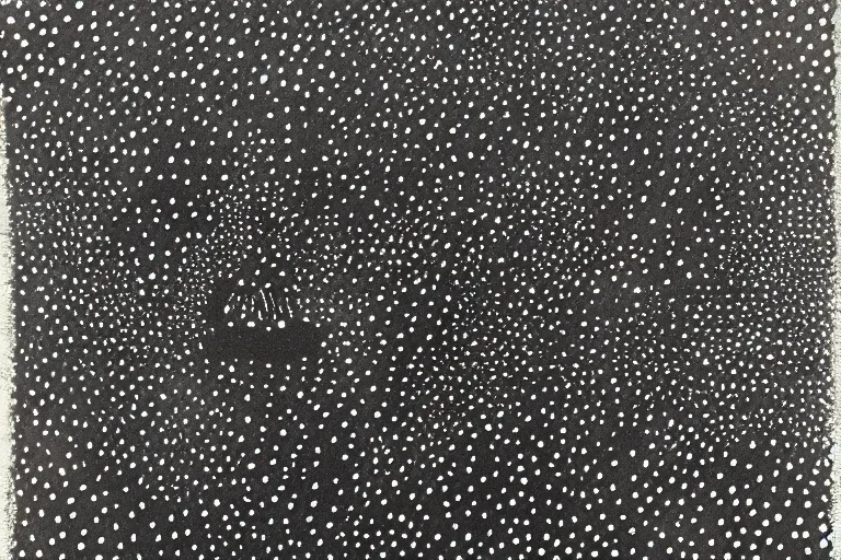 Image similar to teeth, smile, faceless people, black figures, dark, acrylic, clay, dots abstract, dripping, stipple, pointillism, technical, abstract, minimal, style of francis bacon, asymmetry, pulled apart, stretch, cloak, eerie, made of dots, abstraction chemicals, blotter, mask, colored dots, splotch, old painting style