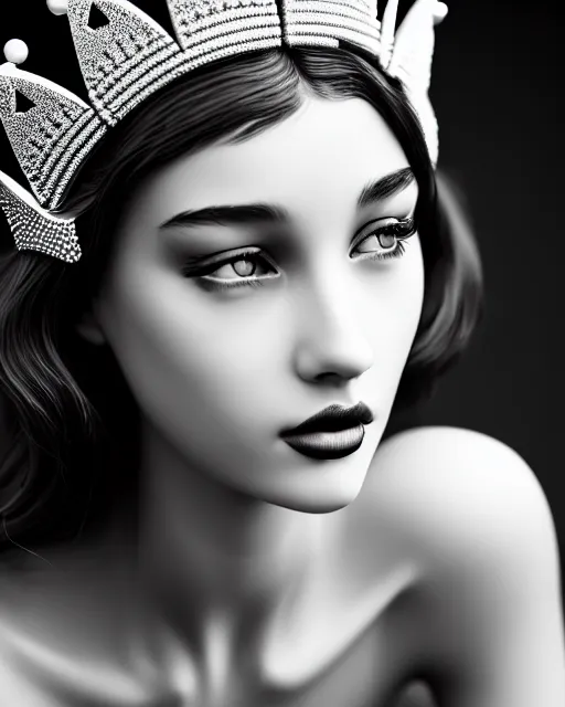 Image similar to black and white dreamy young beautiful female artificial intelligence with a techno crown, cinematic, rim light, bokeh, photo - realistic, elegant, high detail, 8 k, masterpiece, photo taken in 1 9 3 0