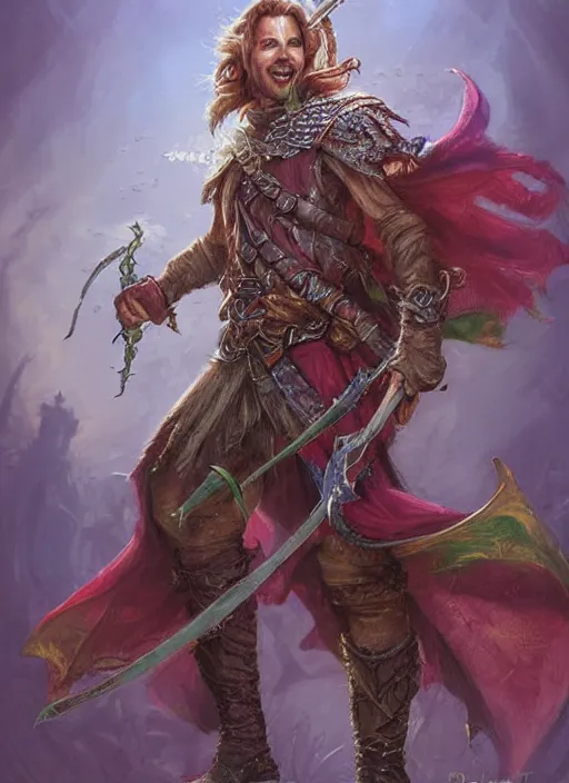 Image similar to happy cheerful bard, ultra detailed fantasy, dndbeyond, bright, colourful, realistic, dnd character portrait, full body, pathfinder, pinterest, art by ralph horsley, dnd, rpg, lotr game design fanart by concept art, behance hd, artstation, deviantart, hdr render in unreal engine 5