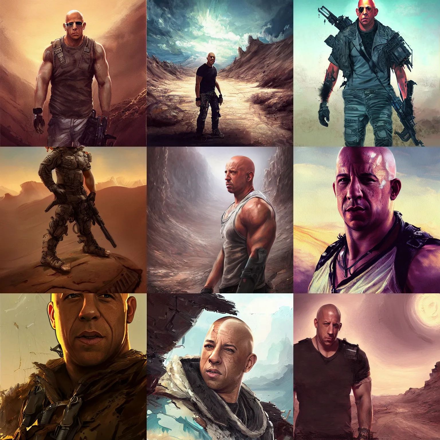 Prompt: a painting of Vin Diesel wandering a post apocalyptic desert by Ross Tran, highly detailed digital art