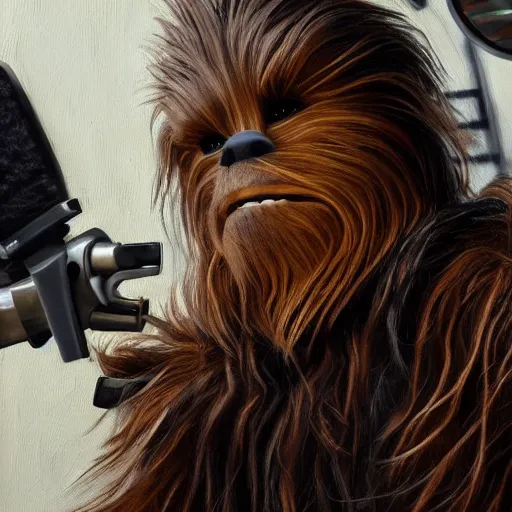 Image similar to chewbacca getting his hair cut at the barber, painting, 8k, artstation, hyperrealistic, extreme details