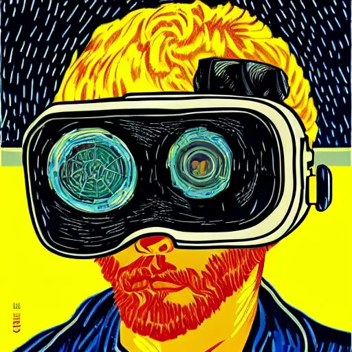 Prompt: Illustrated by Shepard Fairey and Greg Rutkpwski | Portrait of a Cyberpunk Van Gogh with VR helmet, surrounded by cables