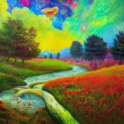 Image similar to an impressionist painting of a gorgeous meadow filled with colorful mushrooms with a stream flowing through it, psychedelic colors, starry sky in background, high detail, trending on artstation