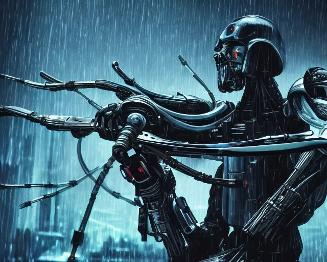 Image similar to photo of general grievous with 4 arms holding 4 activated lightsabers in the rain. cyberpunk horror style. highly detailed 8 k. intricate. nikon d 8 5 0 5 5 mm. award winning photography.