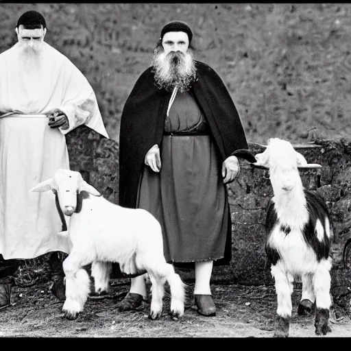 Image similar to photo of breton monks looking like rasputin with a dog and a goat, village ritualistic