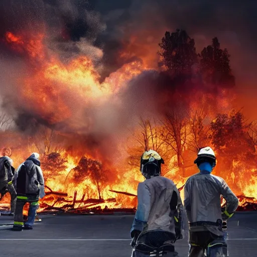 Image similar to realistic, diverse groups of humans destroying the supercomputers, smashed, fire, smoke, from behind, wide angle, elaborate, highly detailed, beautiful lighting