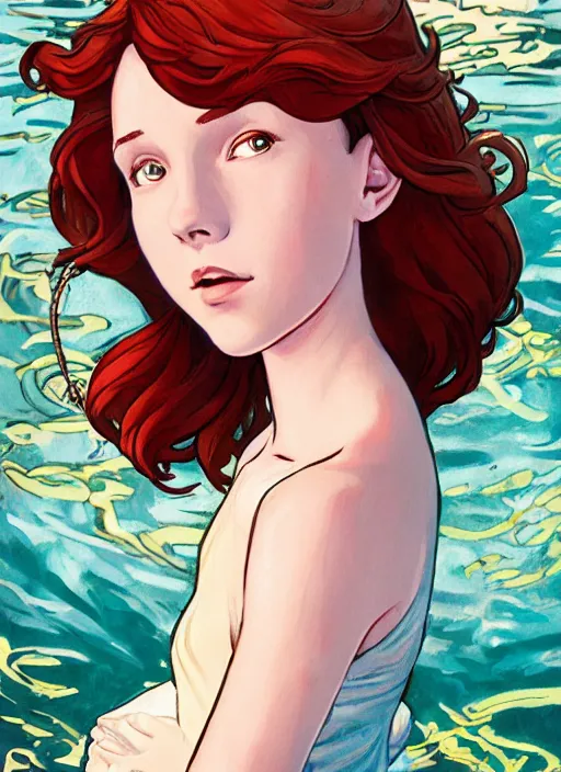 Prompt: well - lit art nouveau portrait of a 1 3 - year old girl who resembles millie bobby brown with red hair looking worried under water, natural lighting, path traced, highly detailed, high quality, cartoon, digital painting, by don bluth and ross tran and studio ghibli