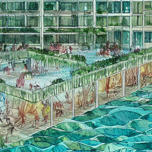 Image similar to watercolor sketch of organic rectangular architecture concept by victo ngai, sea, renzo piano, sketche, villa, people, beach, artistic, ecology, green.