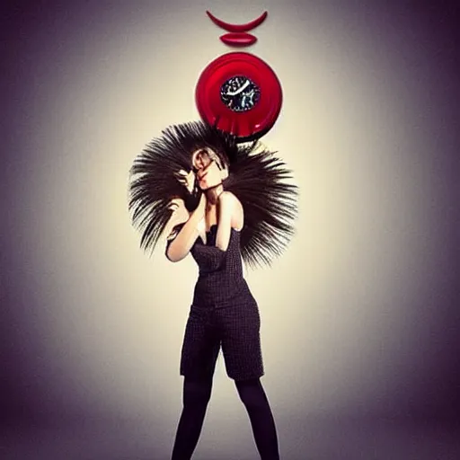 Image similar to hair styled to look like a coocoo clock with the bird popping out, real life, photograph, salon magazine cover, high end fashion, crazy hair, creative, odd