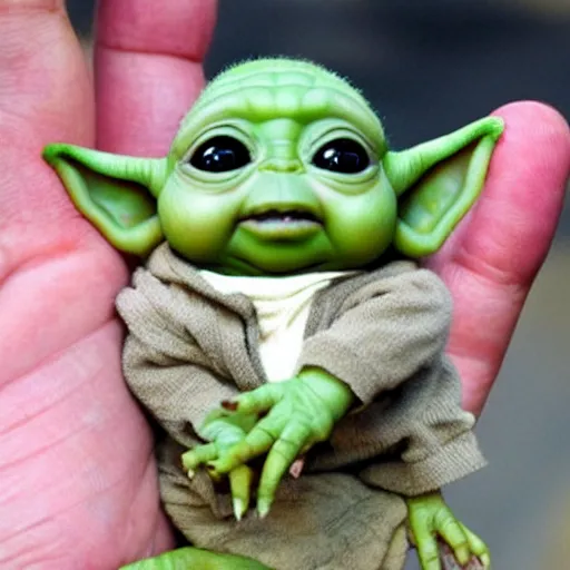 Prompt: a tiny pigmy baby yoda-Shrek Shrek Shrek hybrid in the palm of a person's hand, super cute