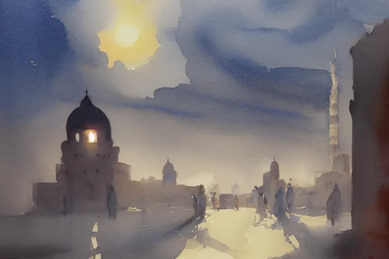 Image similar to small centered on watercolor paper, paint brush strokes, abstract watercolor painting of foggy dawn, ancient arabian mosque castle, cinematic light, national romanticism by hans dahl, by jesper ejsing, by anders zorn, by greg rutkowski, by greg manchess, by tyler edlin