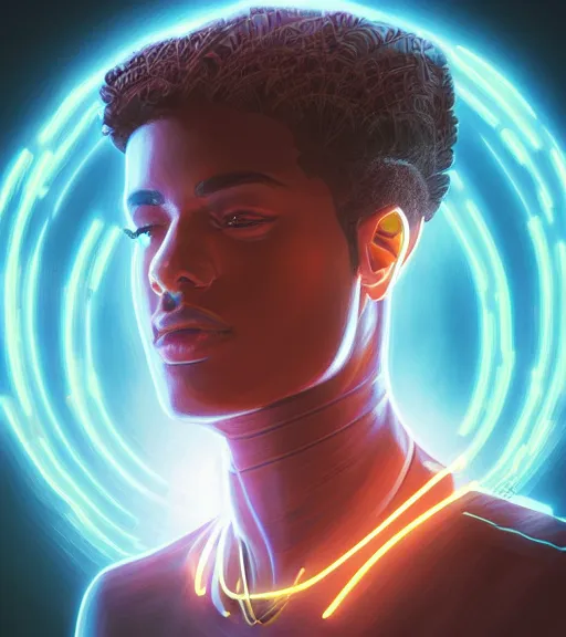 Image similar to symmetry!! egyptian prince of technology, solid cube of light, hard edges, product render retro - futuristic poster scifi, lasers and neon circuits, brown skin man egyptian prince, intricate, elegant, highly detailed, digital painting, artstation, concept art, smooth, sharp focus, illustration, dreamlike, art by artgerm