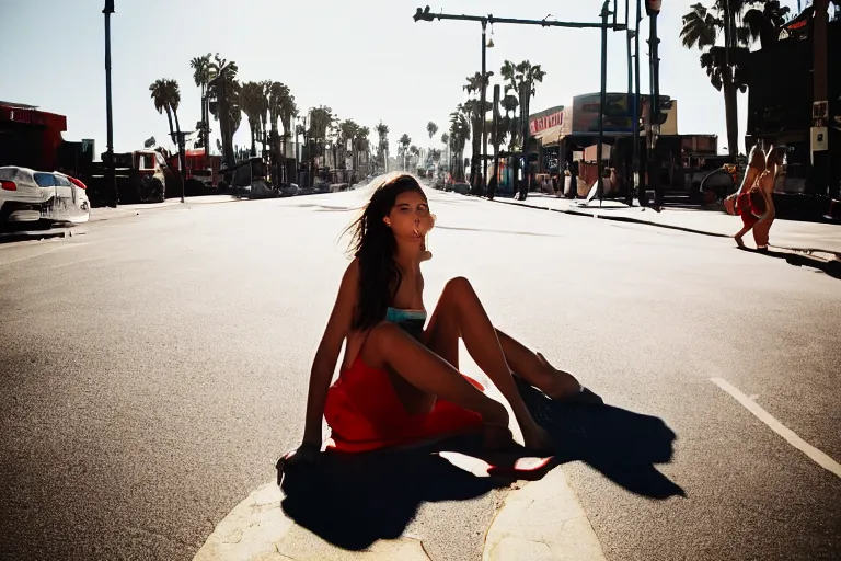 Prompt: color street photography of gorgeous model girl on Santa Monica peer By Emmanuel Lubezki