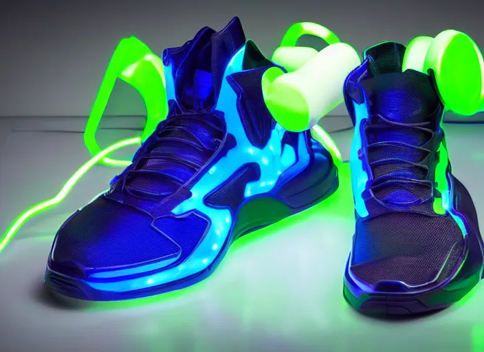 Image similar to futuristic generative design sneakers with neon lights in the style of cyberdog, product shot, dynamic lighting