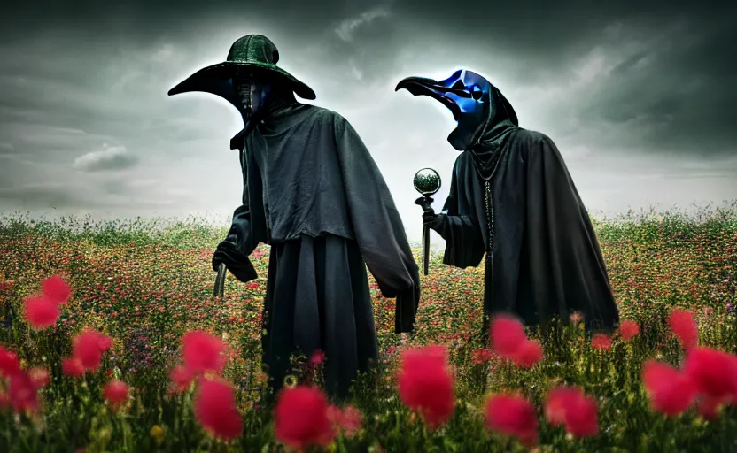 Image similar to a extremely disturbing old forgotten horror photograph of a plague doctor in a field of flowers, hyperrealism, sharp focus, highly detailed, horror cgi 4 k, matte, octane render, cinematography, photo by professional photographer