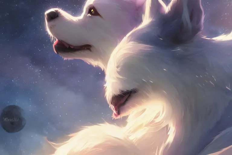 Image similar to blue eyed celestial dog, single subject, scenic full shot, ambient lighting, detailed face, by makoto shinkai, stanley artgerm lau, wlop, rossdraws