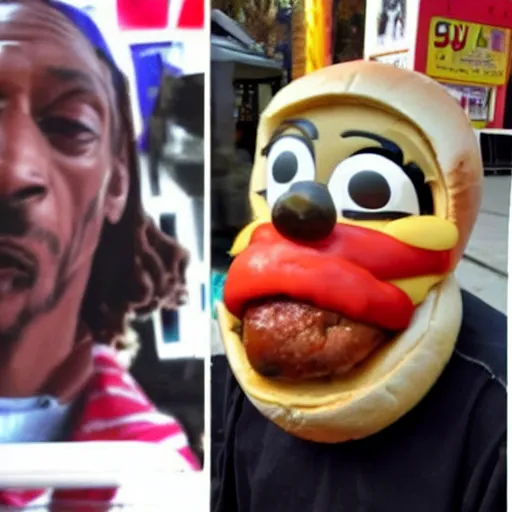 Image similar to a hotdog with the face of snoop dogg inside it