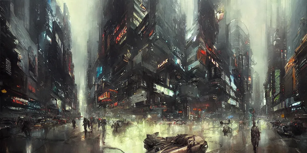 Prompt: “ epic cyberpunk city by zhaoming wu, nick alm, bernie fuchs, hollis dunlap, gregory manchess ”