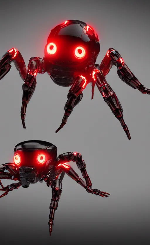 Image similar to a robot humanoid spider with 4 arms with claws, glowing red eyes, in a black carbon and red fiber armor, smiling creepily, dynamic lighting, photorealistic fantasy concept art, trending on art station, stunning visuals, creative, cinematic, ultra detailed