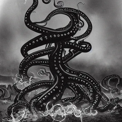 Prompt: black eldritch smoke and tentacle monsters in 1 9 8 0's english village