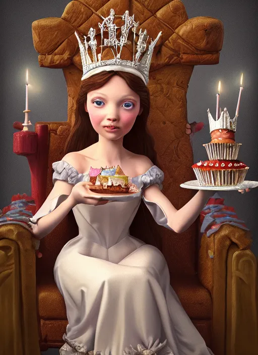 Image similar to highly detailed closeup, low - poly hands, portrait of a fairytale medieval princess wearing a crown and sitting on a throne eating cakes, unreal engine, low - poly hands, nicoletta ceccoli, mark ryden, earl norem, lostfish, global illumination, god rays, detailed and intricate environment