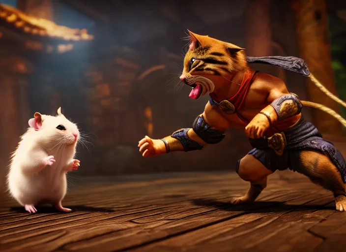 Image similar to hamster fights a cat in mortal kombat on the background of a laughing shao khan. fantasy magic style. highly detailed 8 k. intricate. lifelike. soft light. sony a 7 r iv 5 5 mm. unreal engine with nanite and path tracing