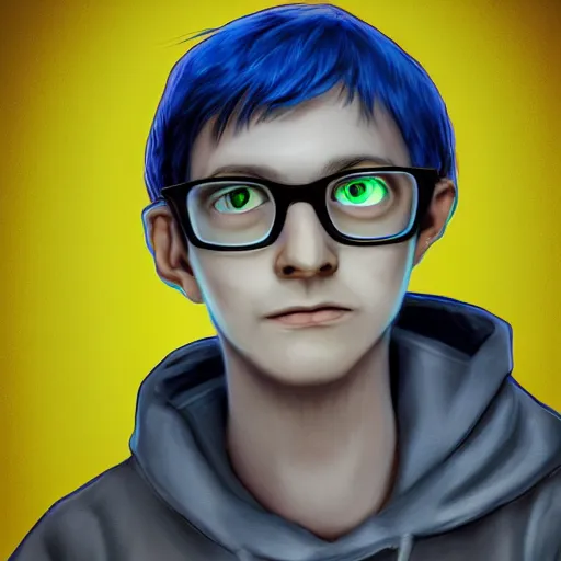 Prompt: hyper - realistic, kodachrome head and shoulders shot portrait of john egbert from homestuck, in style of steve mccurry