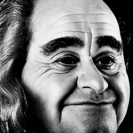 Prompt: black and white vogue closeup portrait by herb ritts of a beautiful model, danny devito, high contrast