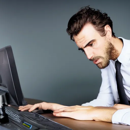 Prompt: a man starting at his computer in confusion