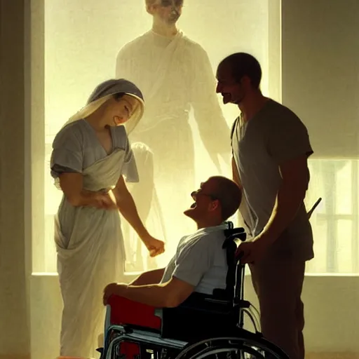 Image similar to a male patient in a wheelchair in the hospital with his wife and son standing by. happy, cheerful, smiling, intricate, face enhance, sharp focus, cinematic lighting, featured in artistation, 8 k, art by greg rutkowski, william adolphe bouguereau