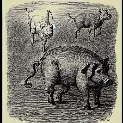 Image similar to pig walking on his hind legs, creepy atmosphere, close-up, illustration by Gustave Doré, Animal Farm by George Orwell