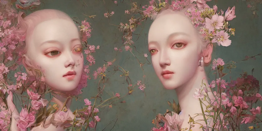 Image similar to breathtaking detailed concept art painting blend of two pink short hair goddess of light blue flowers by hsiao - ron cheng with anxious piercing eyes, vintage illustration pattern with bizarre compositions blend of flowers and fruits and birds by beto val and john james audubon, exquisite detail, extremely moody lighting, 8 k