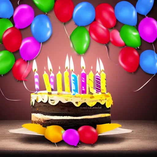 Prompt: matte painting of a birthday cake with candles. Gifts. balloons, streamers, confetti. Happy birthday.