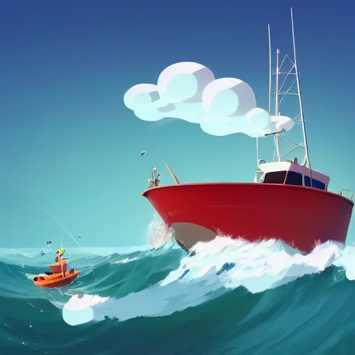 Prompt: goro fujita ilustration a bird flying over a fishing boat in the middle of the ocean with waves, foam on the waves, painting by goro fujita, sharp focus, highly detailed, artstation