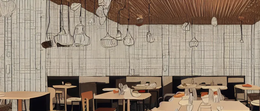 Image similar to a beautiful interior view illustration of a small roasted string hotpot restaurant in yan'an city, restaurant wall paper is a tower on a mountain, rectangle white porcelain table, black chair, animation illustrative style, \ from china, simple style structure decoration design, victo ngai, james jean, 4 k hd