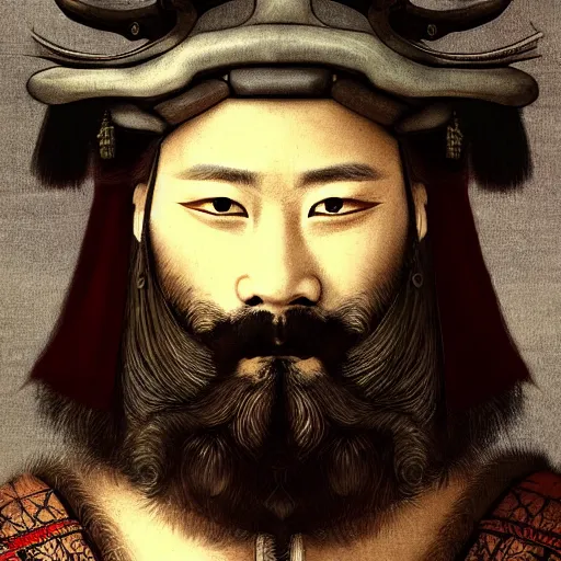 Image similar to a gorgeous portrait of a grizzled samurai warrior with a beard and a topknot hairstyle, painted by Leonardo Da Vinci, trending on artstation, 4k, 8k, expressive and detailed, masterpiece, elaborate brush strokes