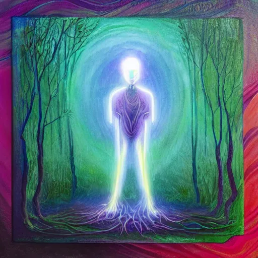 Image similar to painting of a tranquil alien made of light and glows meditating in dense forest by Li Lian Kolster, acrylic art, ethereal, soothing, somber, elegant, warm light, cozy, breathtaking,