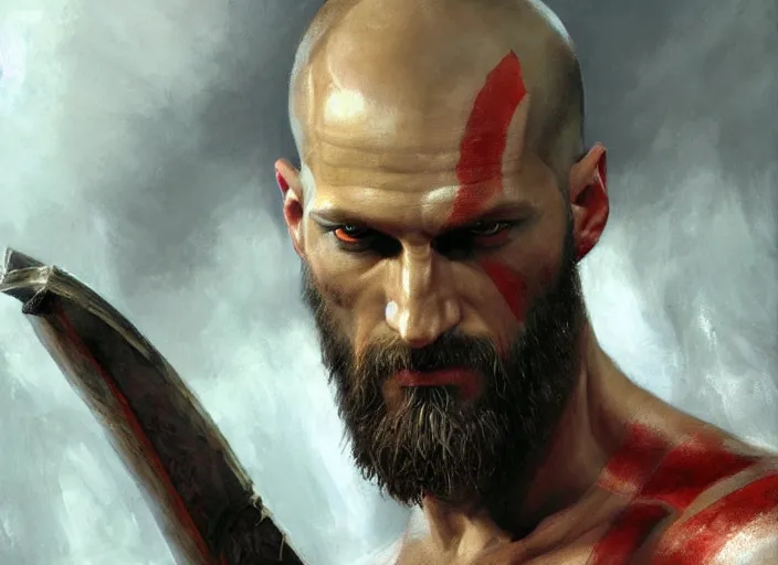 Prompt: a highly detailed beautiful portrait of alexander skarsgard kratos hybrid god of war, by gregory manchess, james gurney, james jean, octane, fantasy