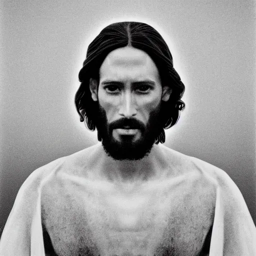 Image similar to photograph portrait of Jesus Christ, B&W, Vogue magazine, taken on 1970s kodak camera, grainy, kodak, fashionable, 4k, very realistic, hiper detailed, trending on artstation, award winning, photorealistic, studio, 35mm