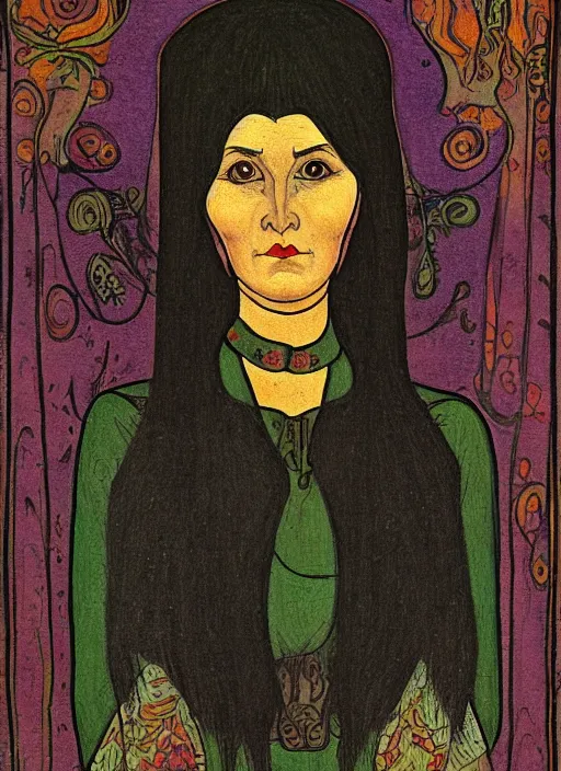 Image similar to portrait of a woman from a scary slavic tale ; ivan bilibin style ; 8 k ; sharp focus