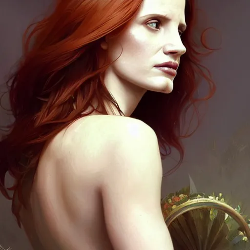 Image similar to beautiful natural Jessica Chastain, intricate, elegant, highly detailed, digital painting, artstation, concept art, smooth, sharp focus, illustration, art by artgerm and greg rutkowski and alphonse mucha and loish and WLOP
