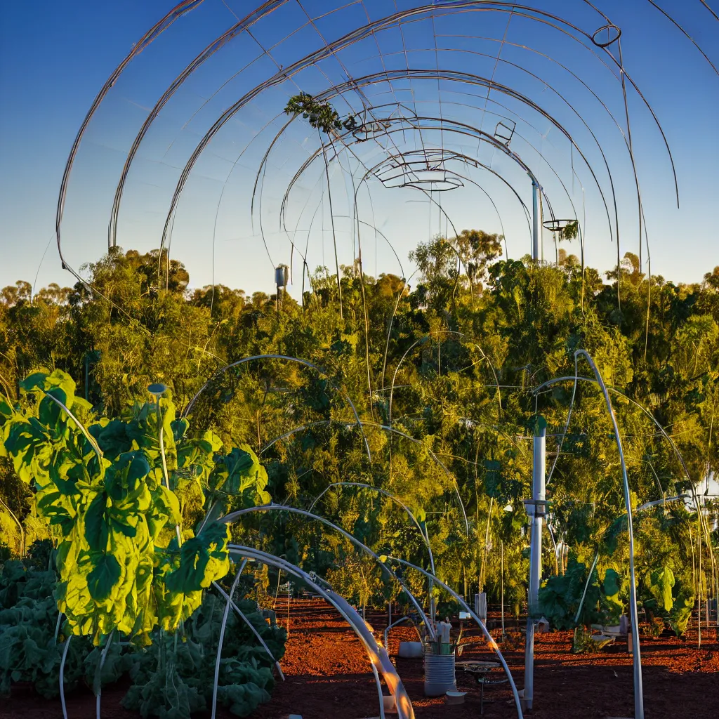 Image similar to torus shaped electrostatic water condensation collector tower, irrigation system in the background, racks of vegetables propagated under shadecloth, in the middle of the australian desert, XF IQ4, 150MP, 50mm, F1.4, ISO 200, 1/160s, natural light at sunset with outdoor led strip lighting