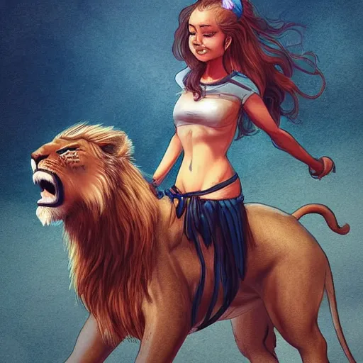 Prompt: a girl riding a lion, trending on artstation