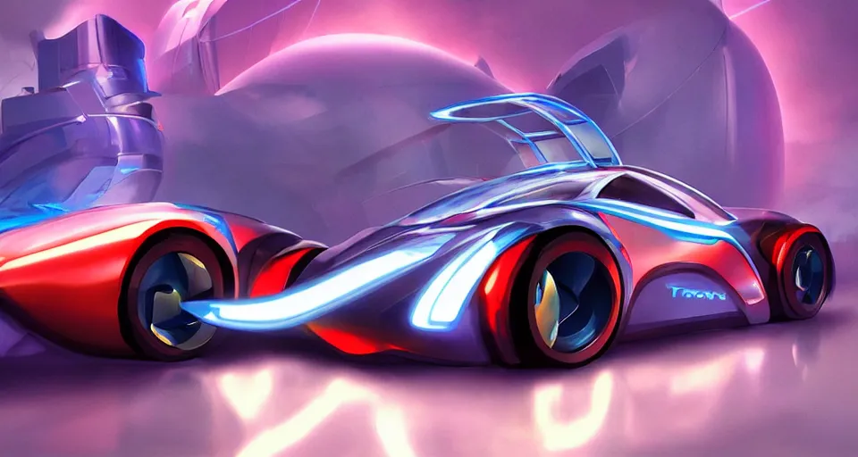 Image similar to dream tron tesla light cycle race, hot wheels, wipe out, hyper realistic, concept art, smooth, high contrast, volumetric lighting, octane, raytrace, syd mead, artgerm, jim lee,