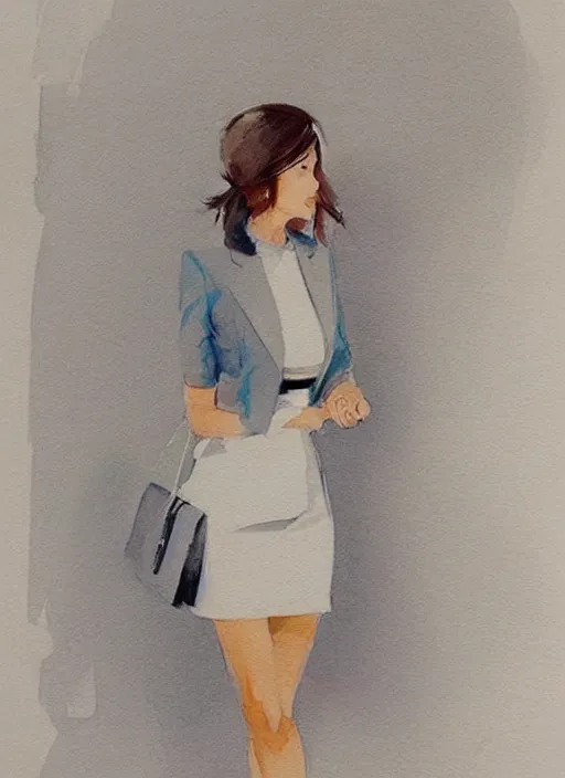 Image similar to concept art of a modern office life, young attractive business woman, pencil miniskirt, pinterest, artstation trending, behance, watercolor, by coby whitmore, silver, laser light,