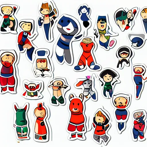 Image similar to sharp lines, illustrated emoti sticker sheet. chibi characters playing sports in animal onesies, white background, clear lines, ready to print, vinyl decal