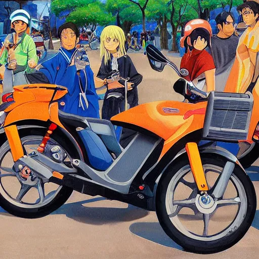 Image similar to anime painting of a japanese scooter meetup, 5 0 ccm, 7 5 ccm
