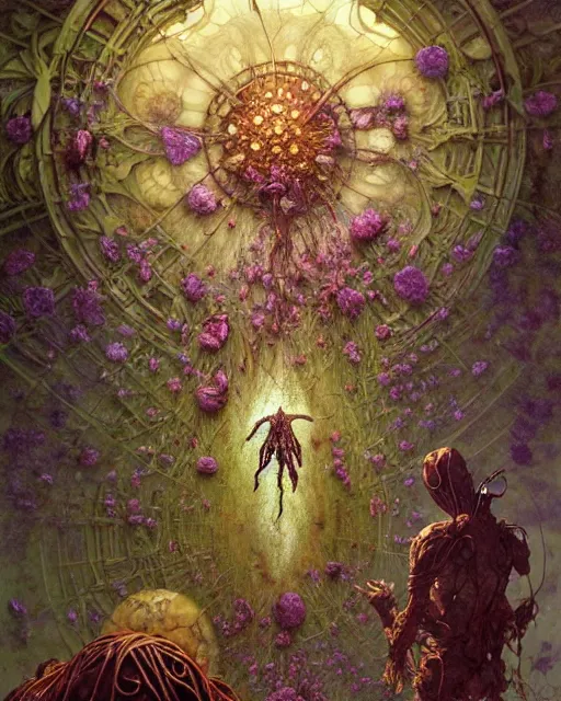 Image similar to the platonic ideal of flowers, rotting, insects and praying of cletus kasady carnage davinci dementor chtulu mandelbulb mandala ponyo dinotopia bioshock the witcher, d & d, fantasy, ego death, decay, dmt, psilocybin, concept art by randy vargas and greg rutkowski and ruan jia and alphonse mucha